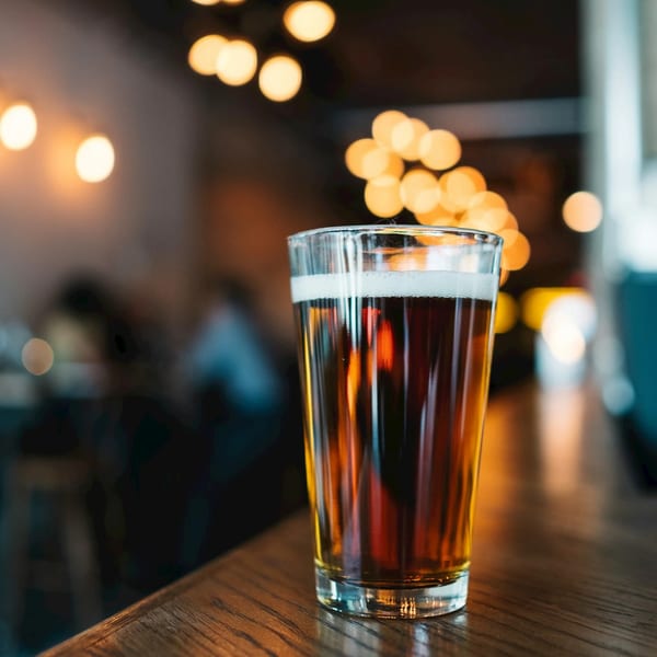 A pint of amber beer with a foamy head sits on a wooden bar top at Nasty's Sports Bar.